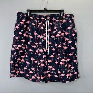 Old Navy Swim Shorts Trunks XL Men Navy Blue Pink Flamingo Print Drawstring